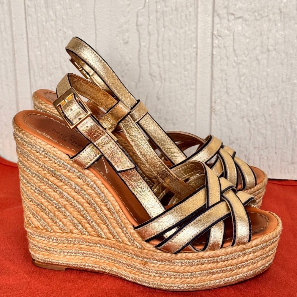 Kate Spade Gold Metallic Espadrille Wedge Sandals Navy Trim Made in Spain 8.5